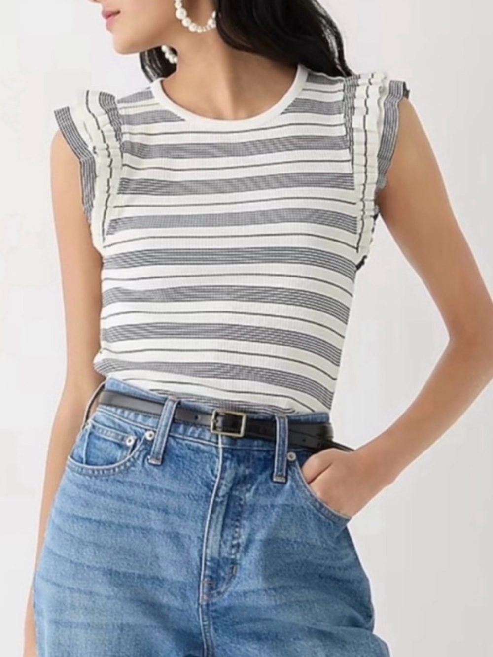 Crew Vintage Rib Ruffle Boatneck Top in Stripe ~ Size Small